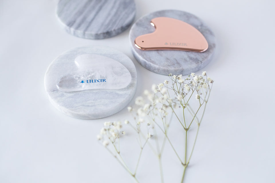 LILIXIR Luxury Wellness Tools - White Crystal Gua Sha - Golden stainless steel - Facial Lift and Acupressure tool LILIXIR