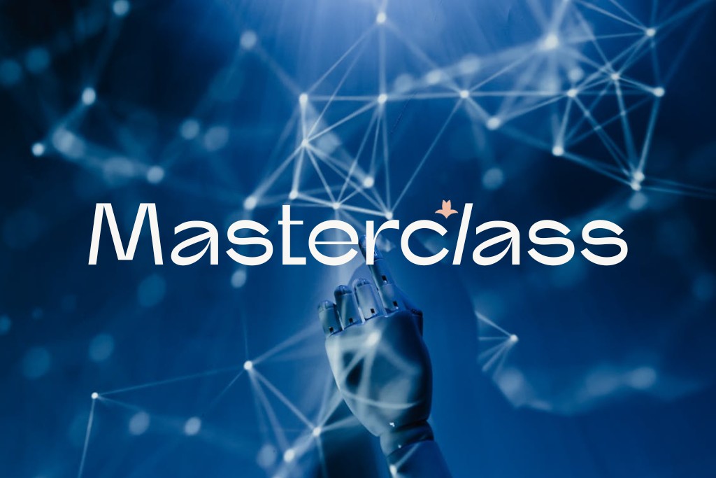 Masterclass logo with a futuristic hand and network design on a blue for LILIXIR AI masterclassbackground