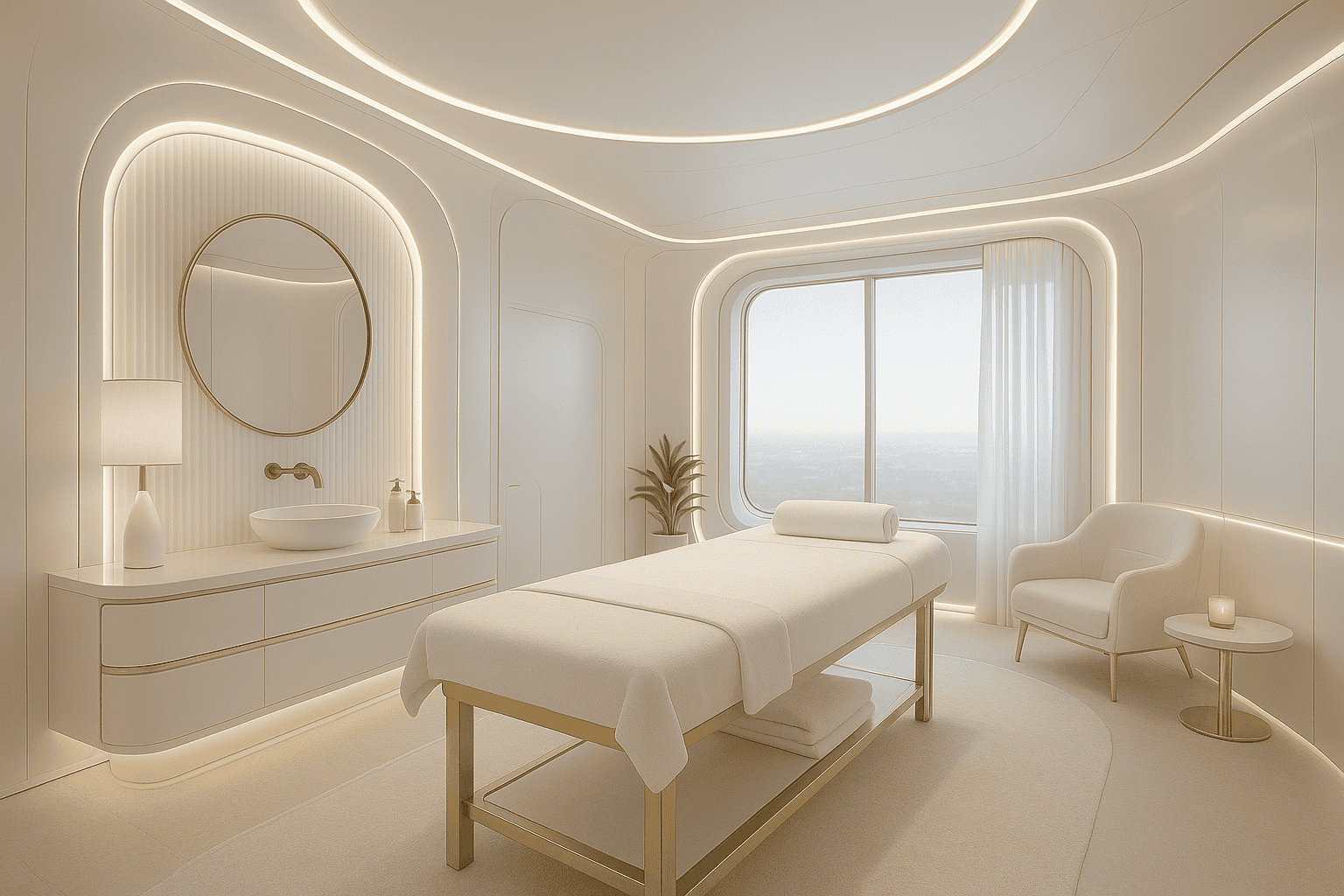 Modern spa treatment room with a bed, mirror, and window.