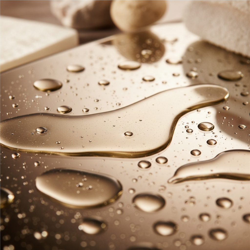 A close-up of a glossy, warm metallic surface covered with water droplets, with a large reflective oil-like pool in the center. The scene is softly lit in warm beige and bronze tones, with blurred stones and a white towel in the background.