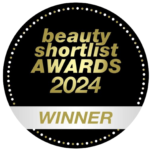Badge for Beauty Shortlist Awards 2024 Winner with gold text on a black and white background