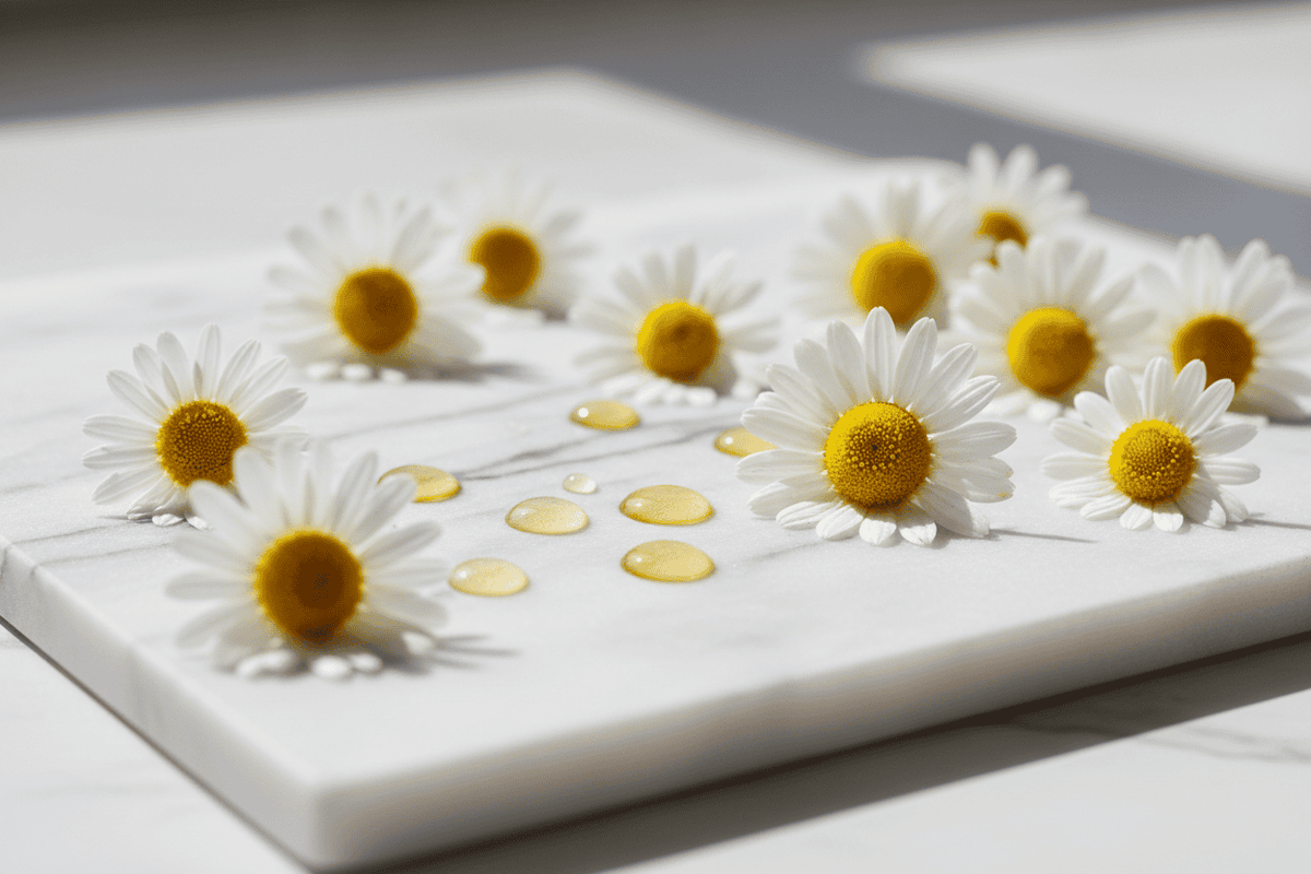 White daisy flowers with yellow centers arranged on a white marble board, with small droplets of golden oil scattered nearby in bright natural light.