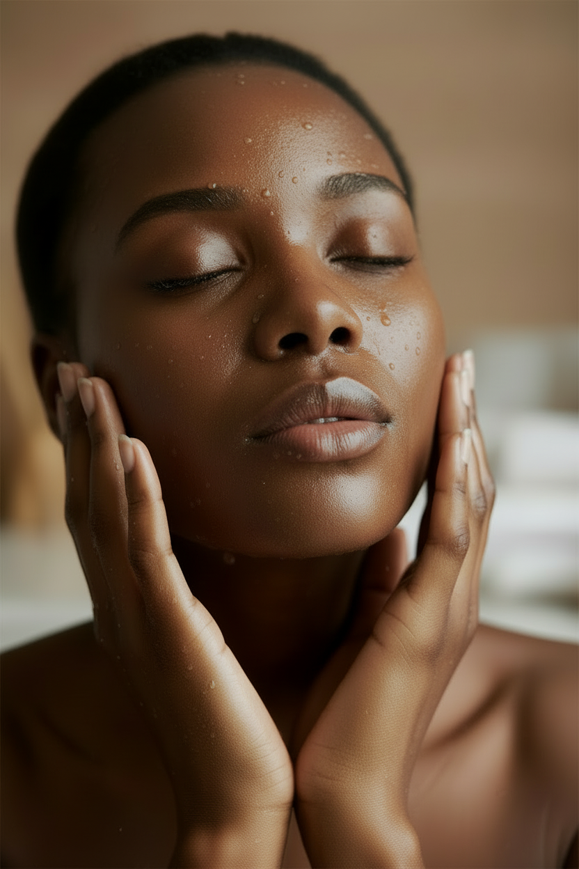 A close-up lifestyle shot of a woman with closed eyes, her face and hands covered in water droplets, gently cradled by her hands against a warm, softly blurred background.