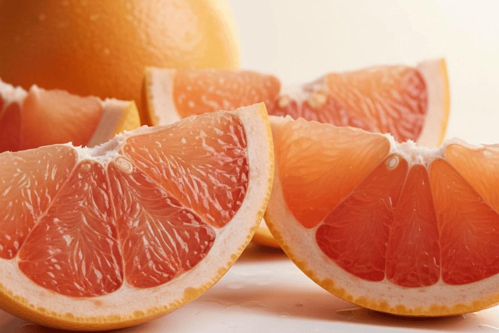 Close-up of sliced grapefruit segments with bright pink-orange flesh and yellow rinds, with a whole grapefruit blurred in the background on a light surface.