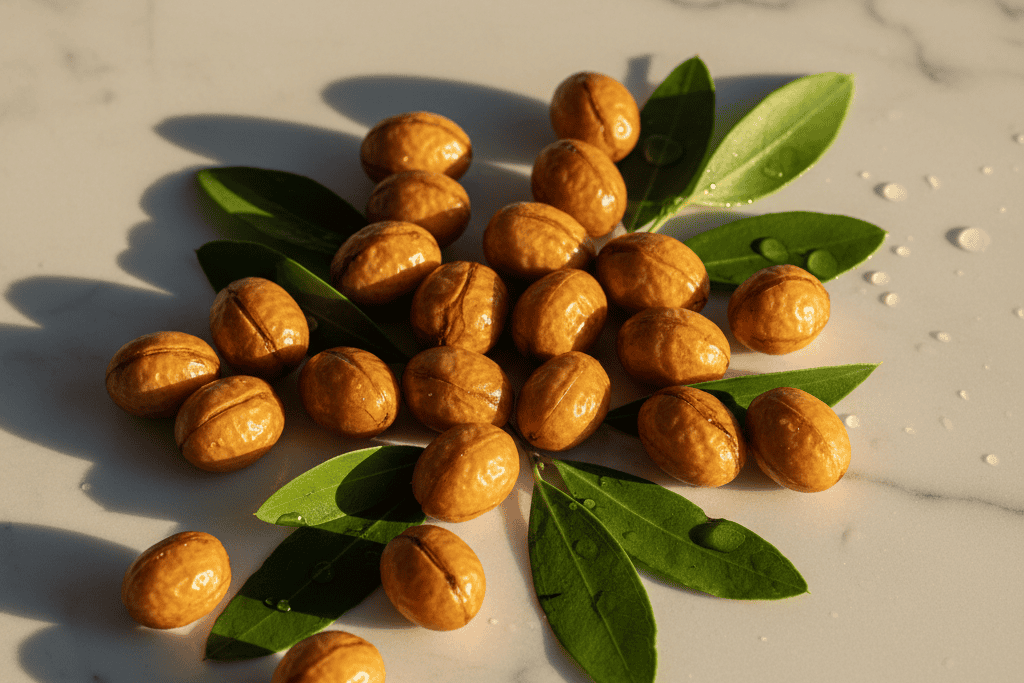 A cluster of glossy, browned walnuts arranged with fresh green leaves on a light marble surface under warm sunlight.