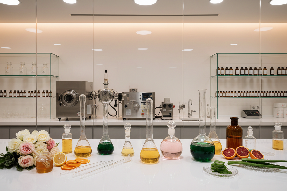 A modern pharmaceutical or cosmetic laboratory with glass flasks containing yellow, green, and pink liquids, alongside flowers, citrus slices, and aloe vera on a white counter, with machinery and shelves in the background.