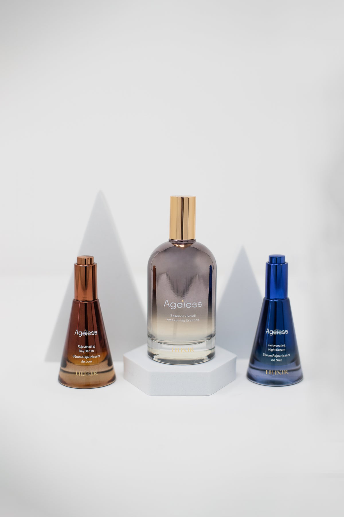 Three Lilixir Ageless skincare products on a white background
