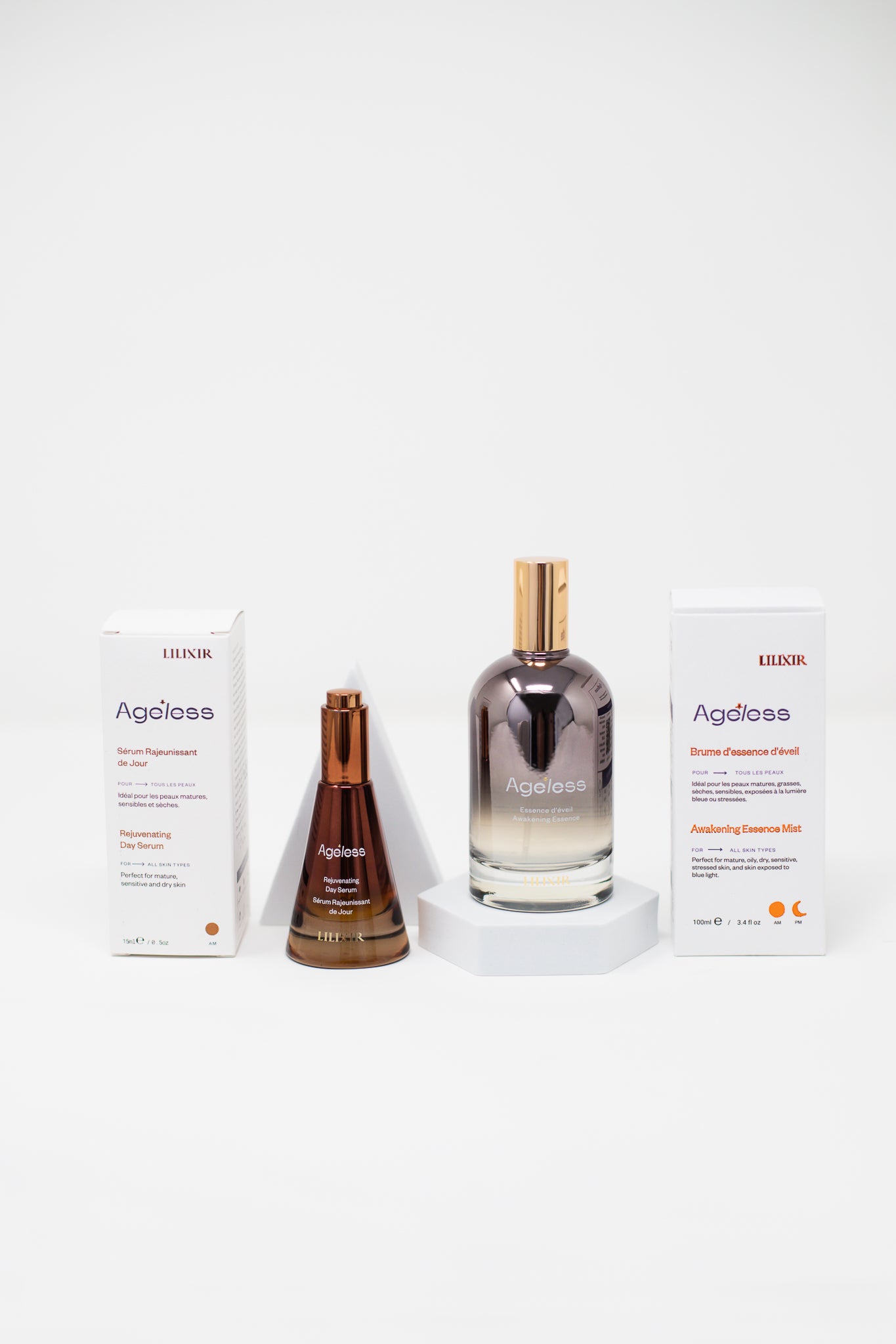 Lilixir Ageless day serum and climate essence care products on a white background