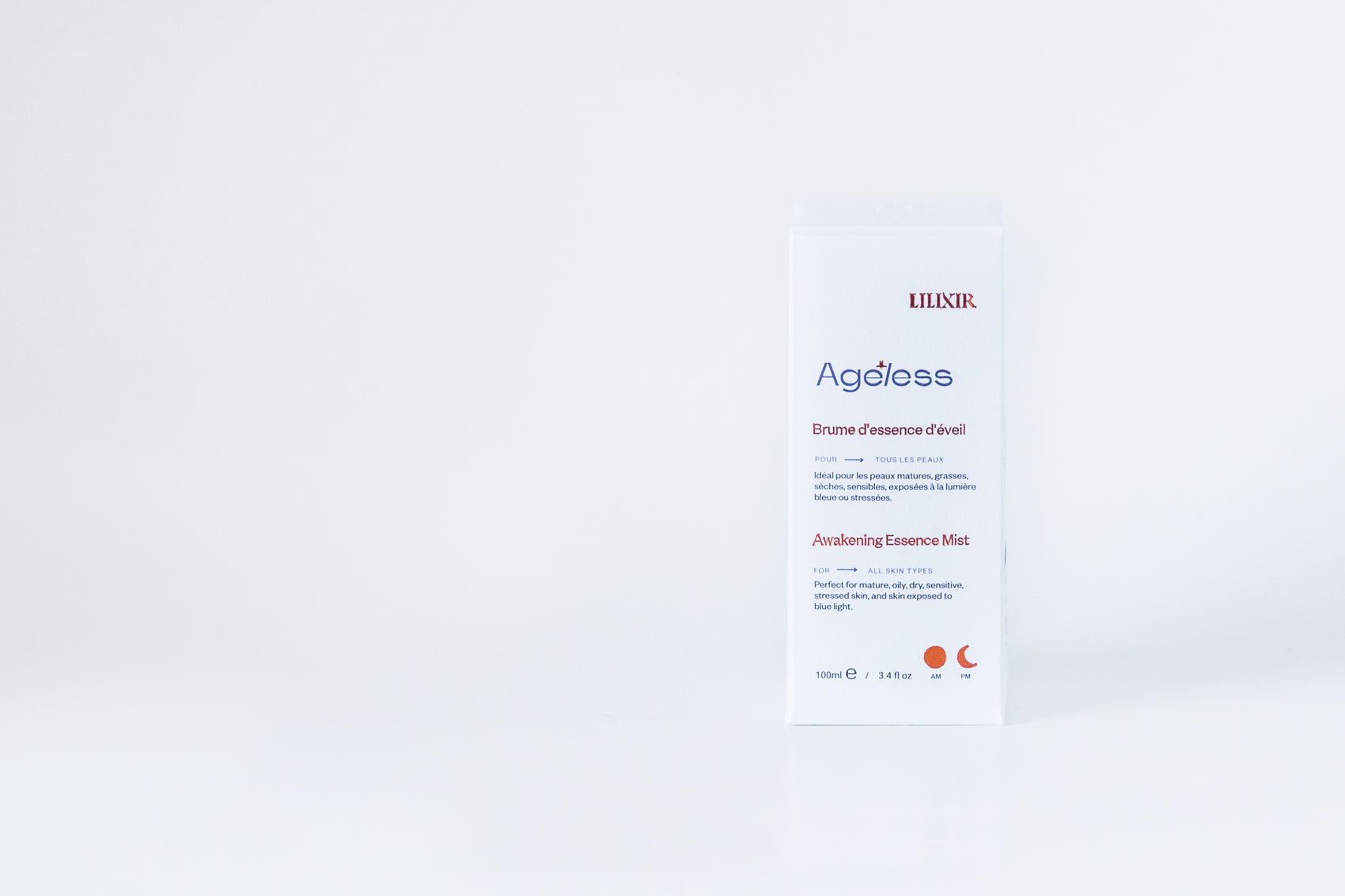 LILIXIR Ageless Awakening Essence product packaging on a light gray background