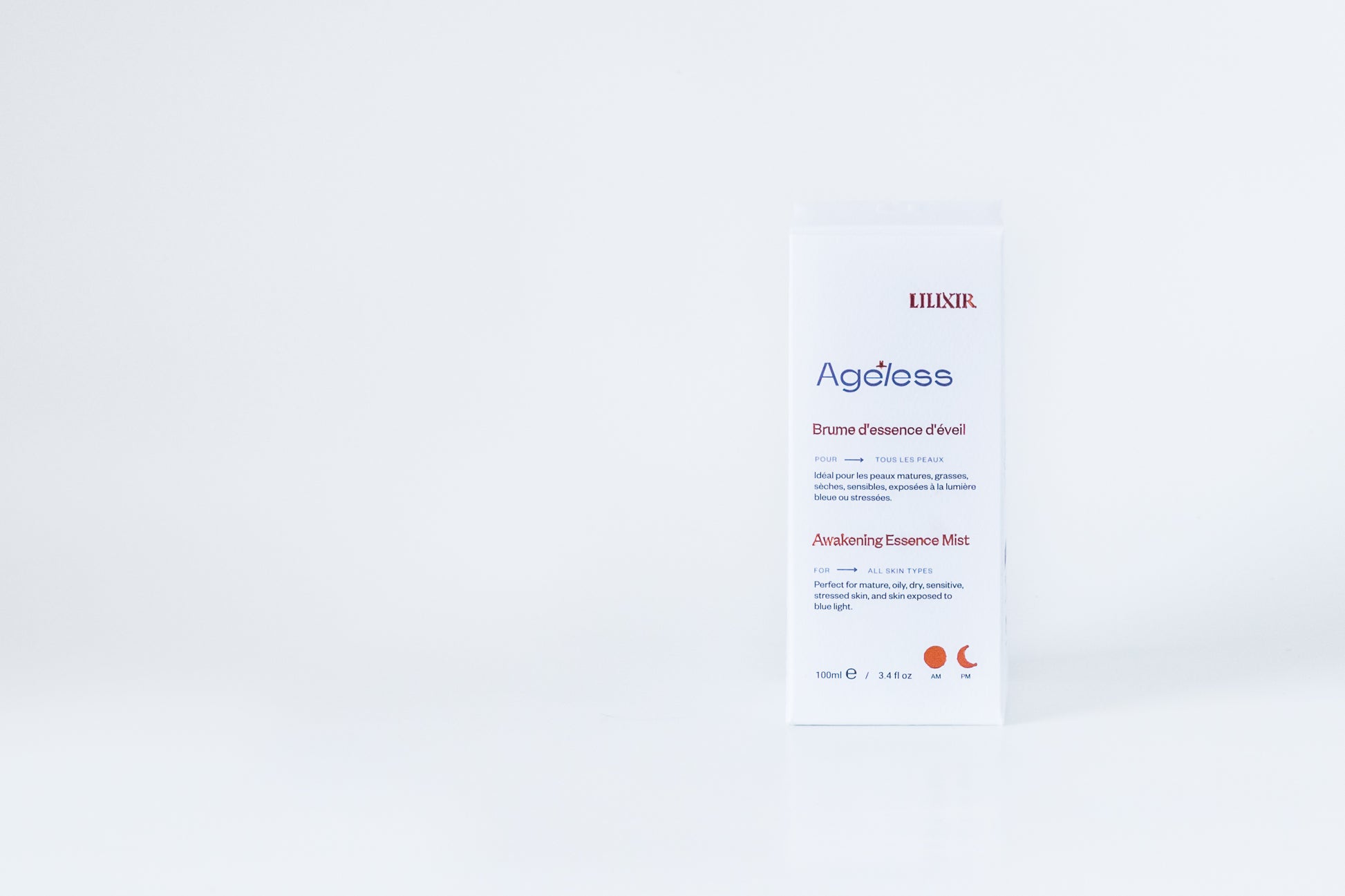 LILIXIR Ageless Awakening Essence product packaging on a light gray background