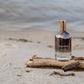 A bottle of lilixir ageless essence on a piece of driftwood by the beach