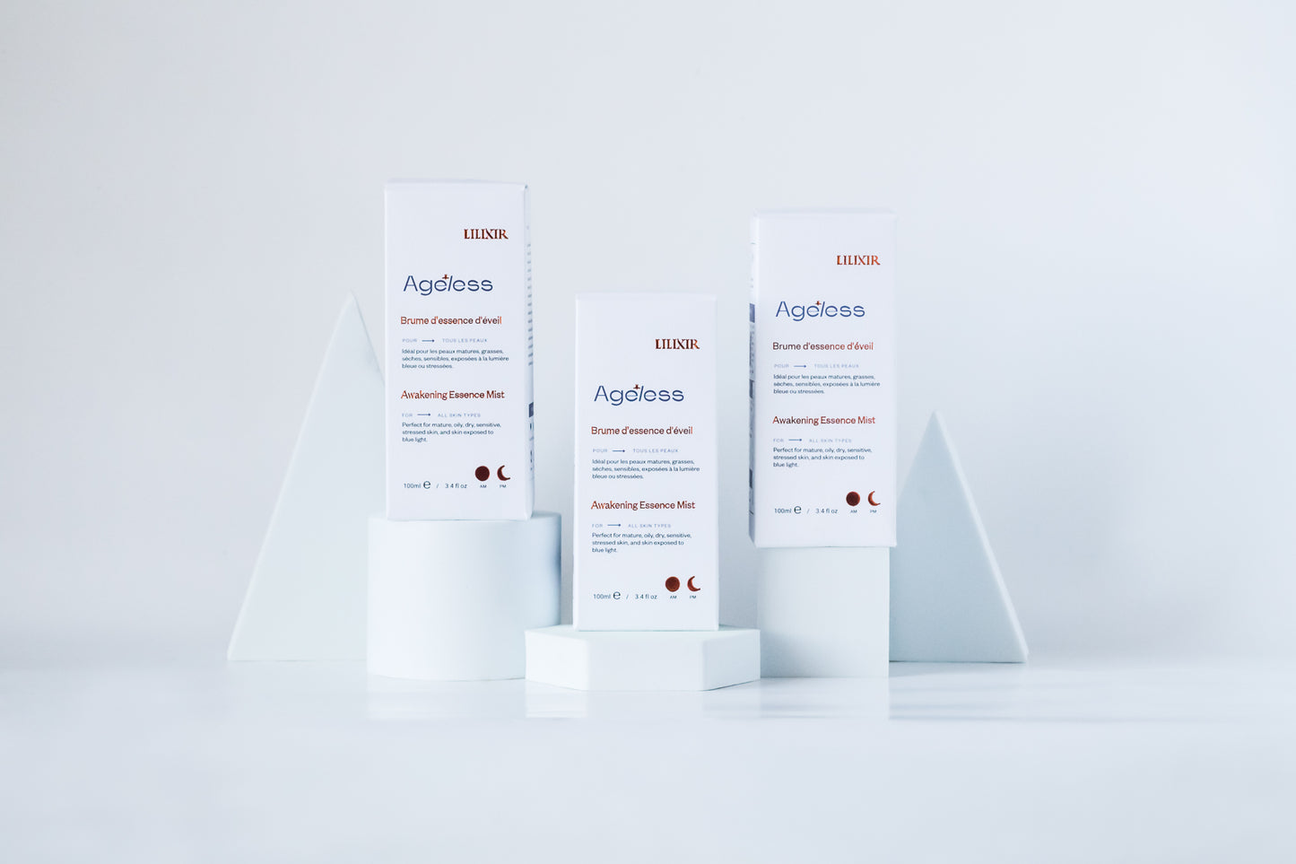 Three Ageless skincare products on a white background