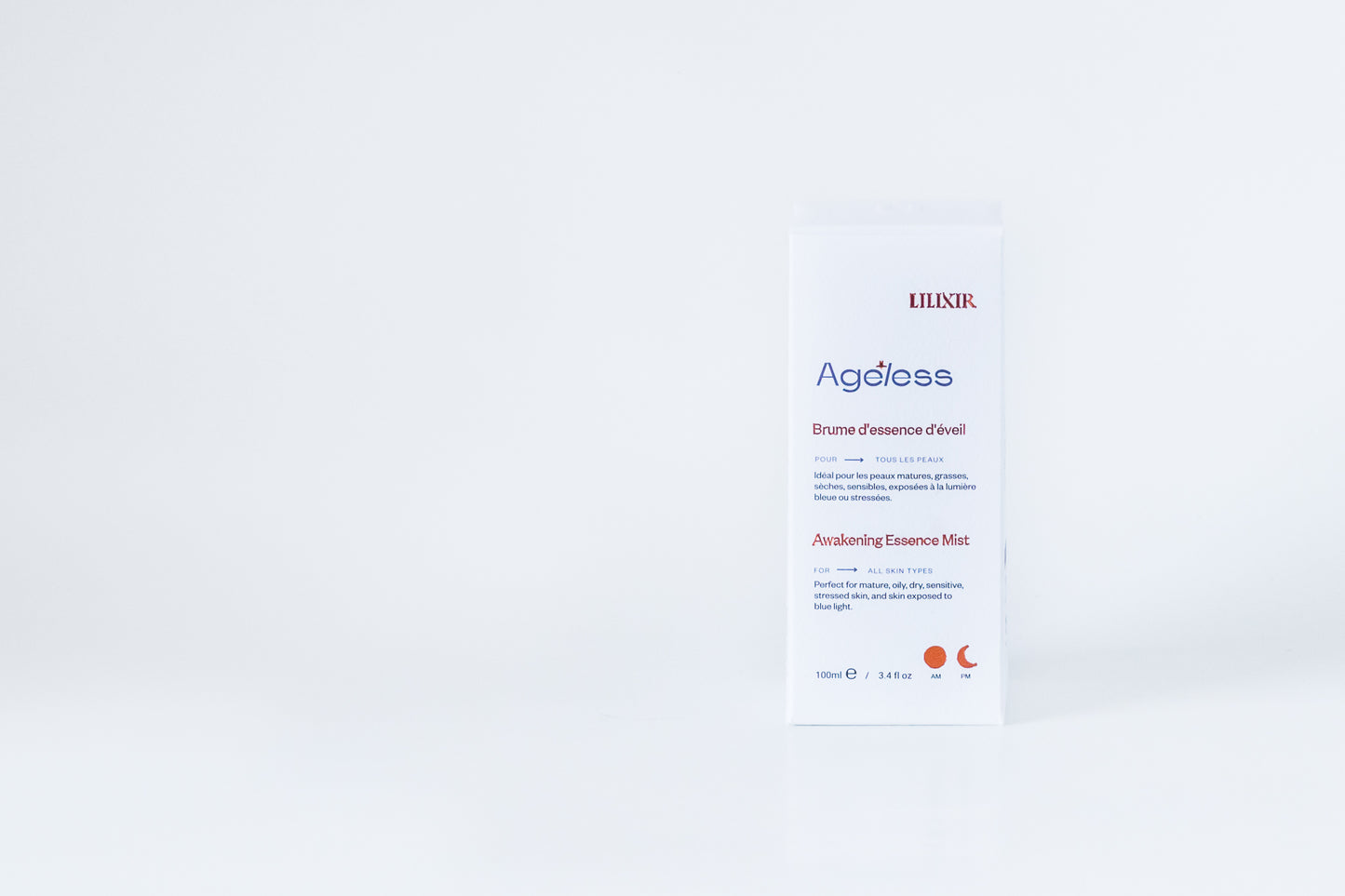 LILIXIR Ageless Awakening Essence product packaging on a light gray background