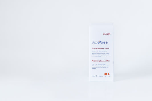 LILIXIR Ageless Awakening Essence product packaging on a light gray background