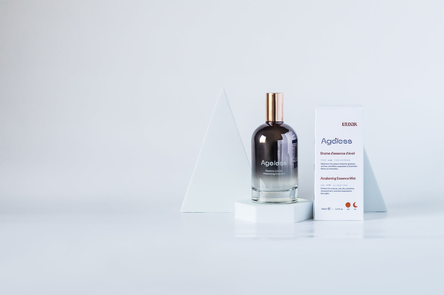 Skincare bottle labeled 'Ageless' on a white background for LILIXIR Ageless Awakening Essence