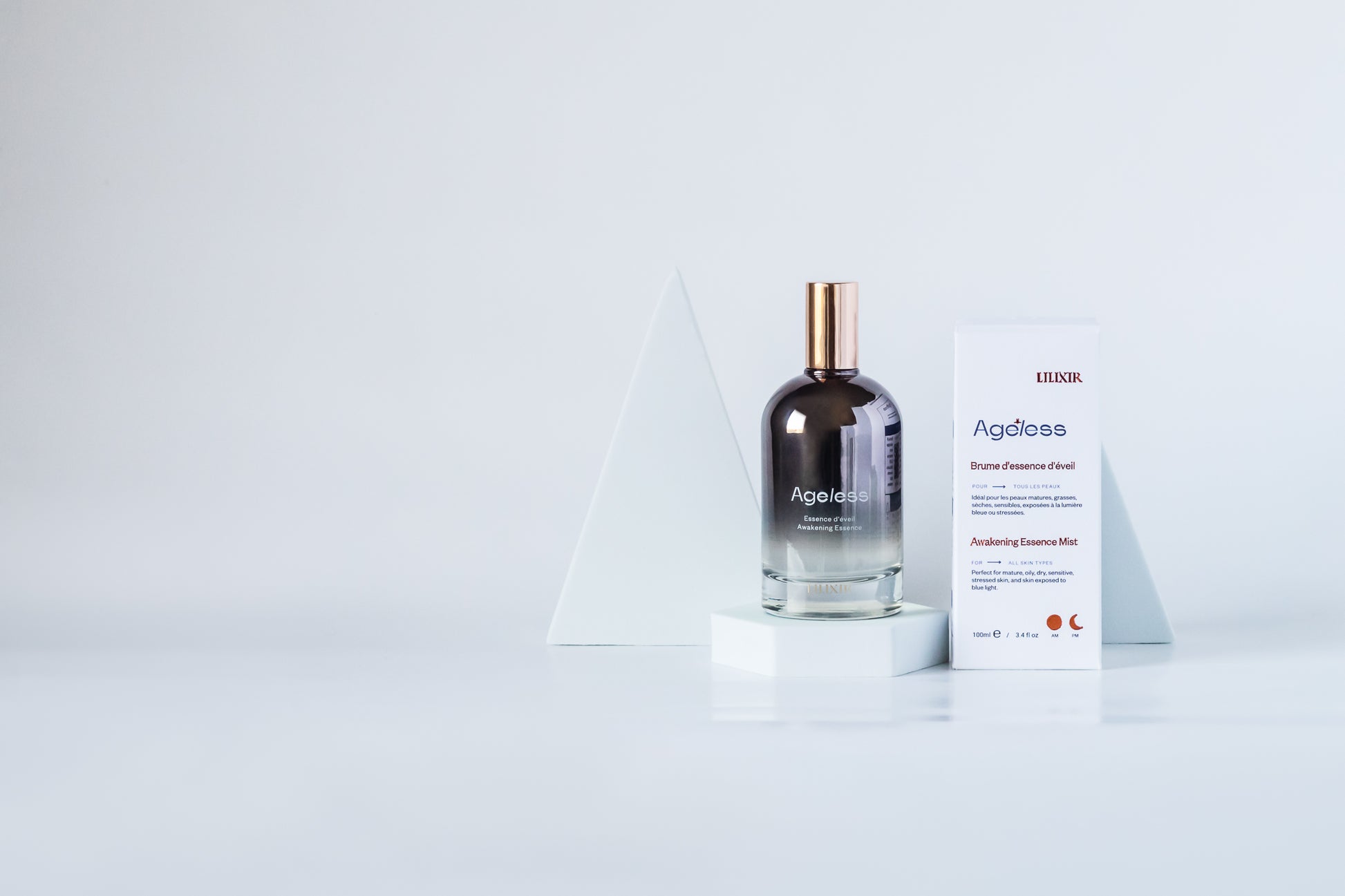 Skincare bottle labeled 'Ageless' on a white background for LILIXIR Ageless Awakening Essence