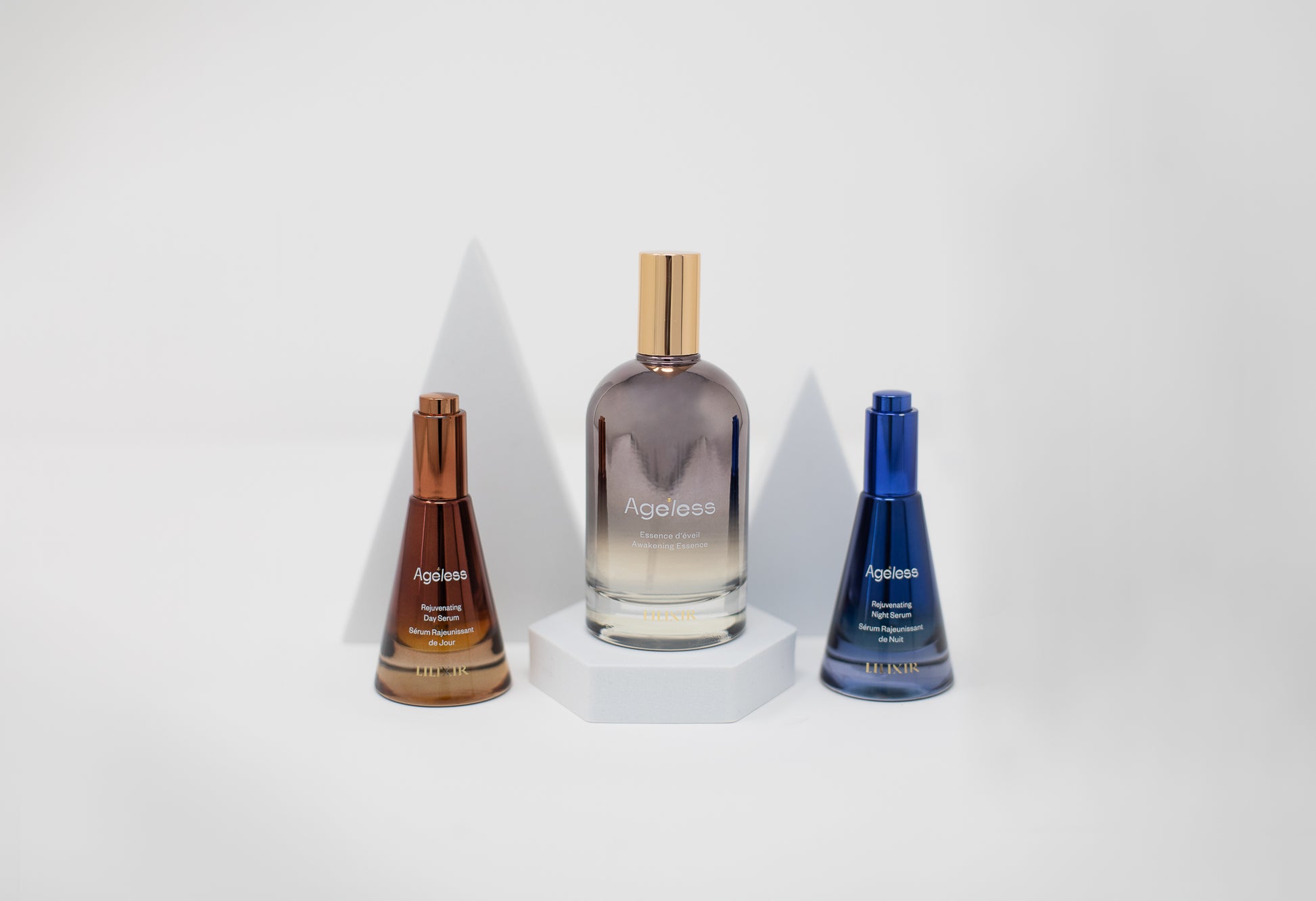Three LILIXIR skincare products from Ageless Collection on a white background: Awakening Ritual — Complete Circadian Protocol