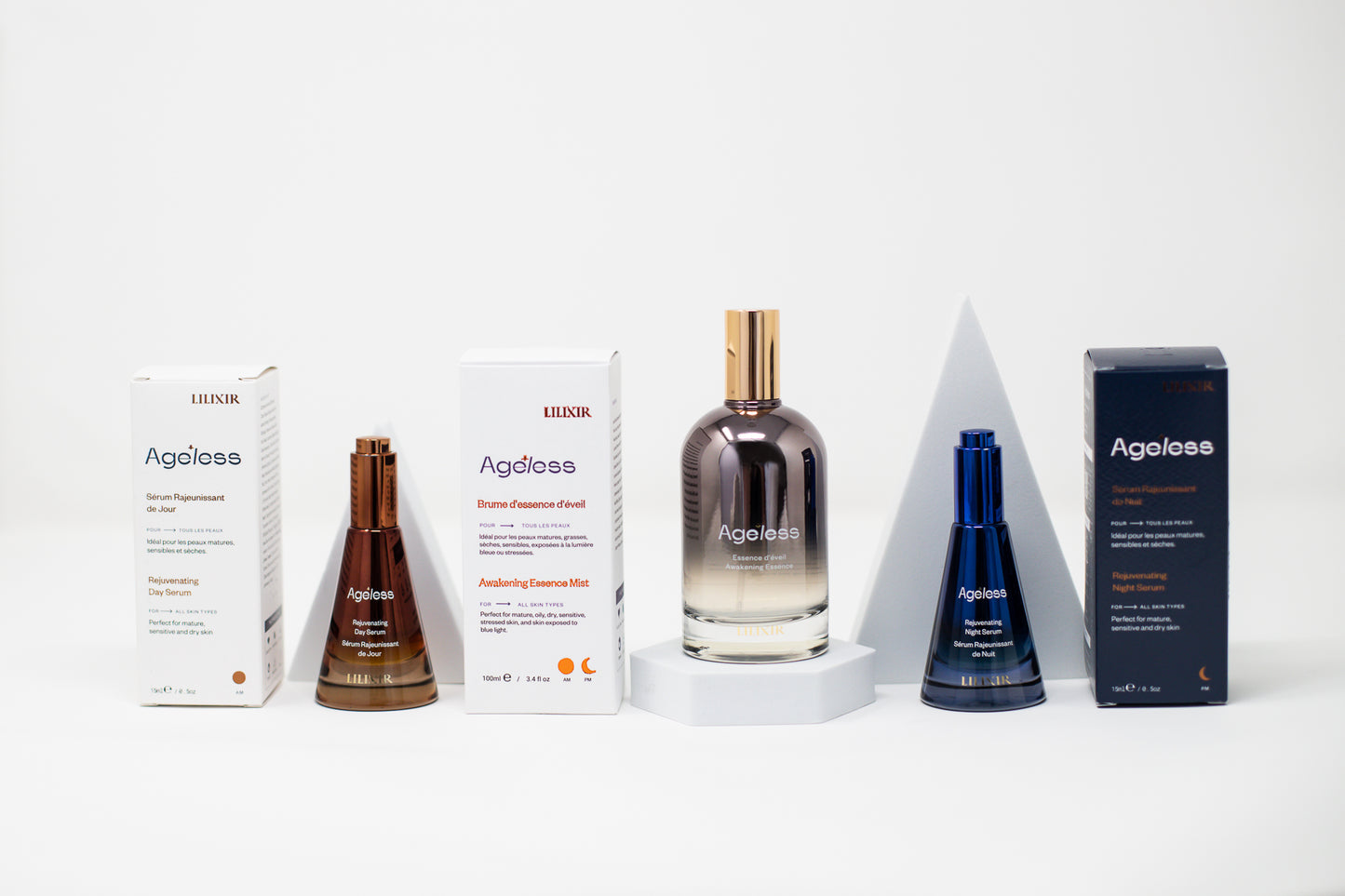 Collection of LILIXIR Ageless skincare products on a white background