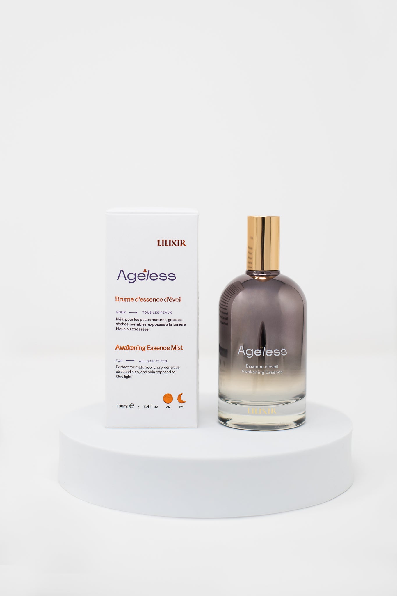 lilixir ageless essence bottle and box on a white background
