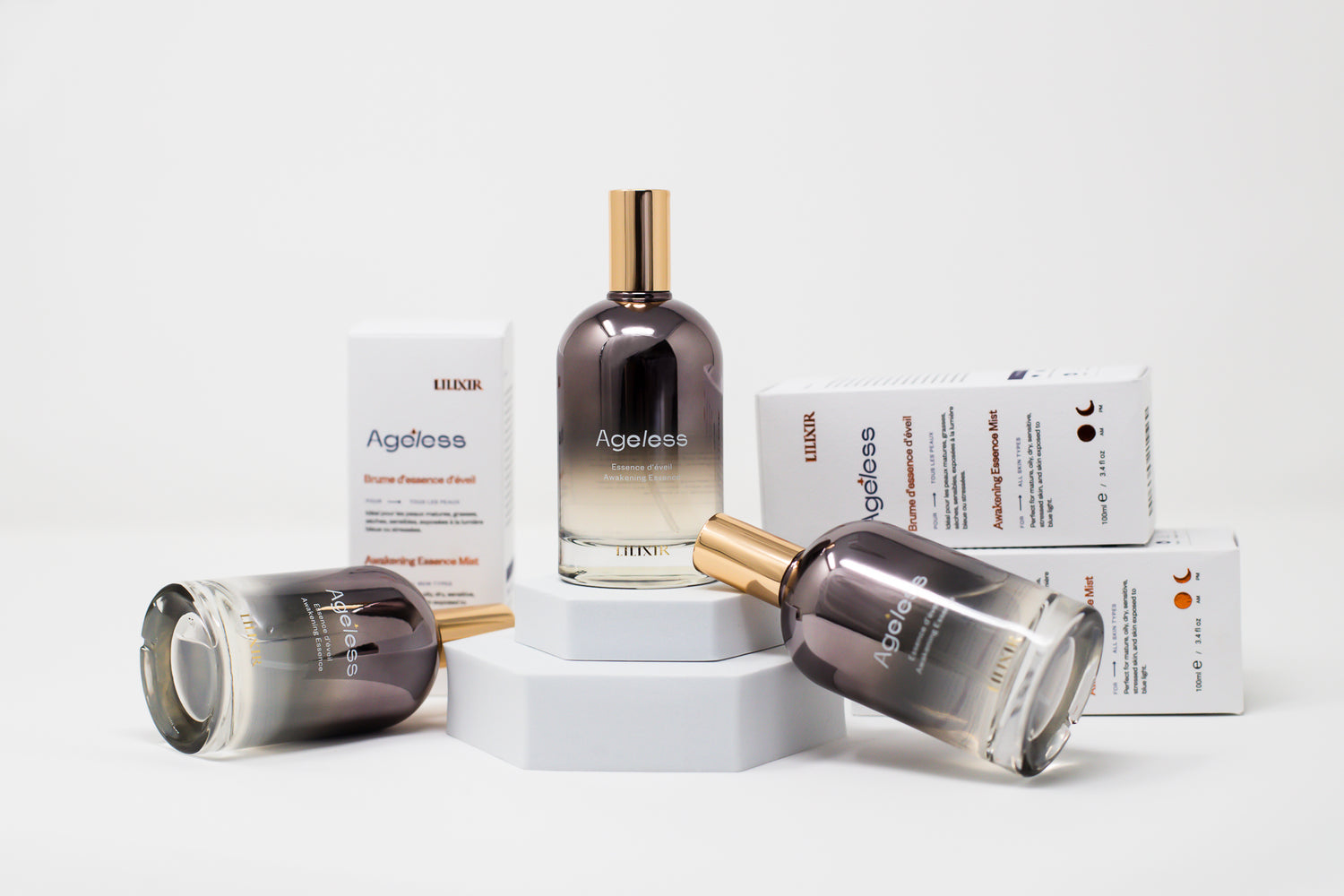 Three cosmetic products with 'Lilixir Ageless Awakening Essence' branding on a white background