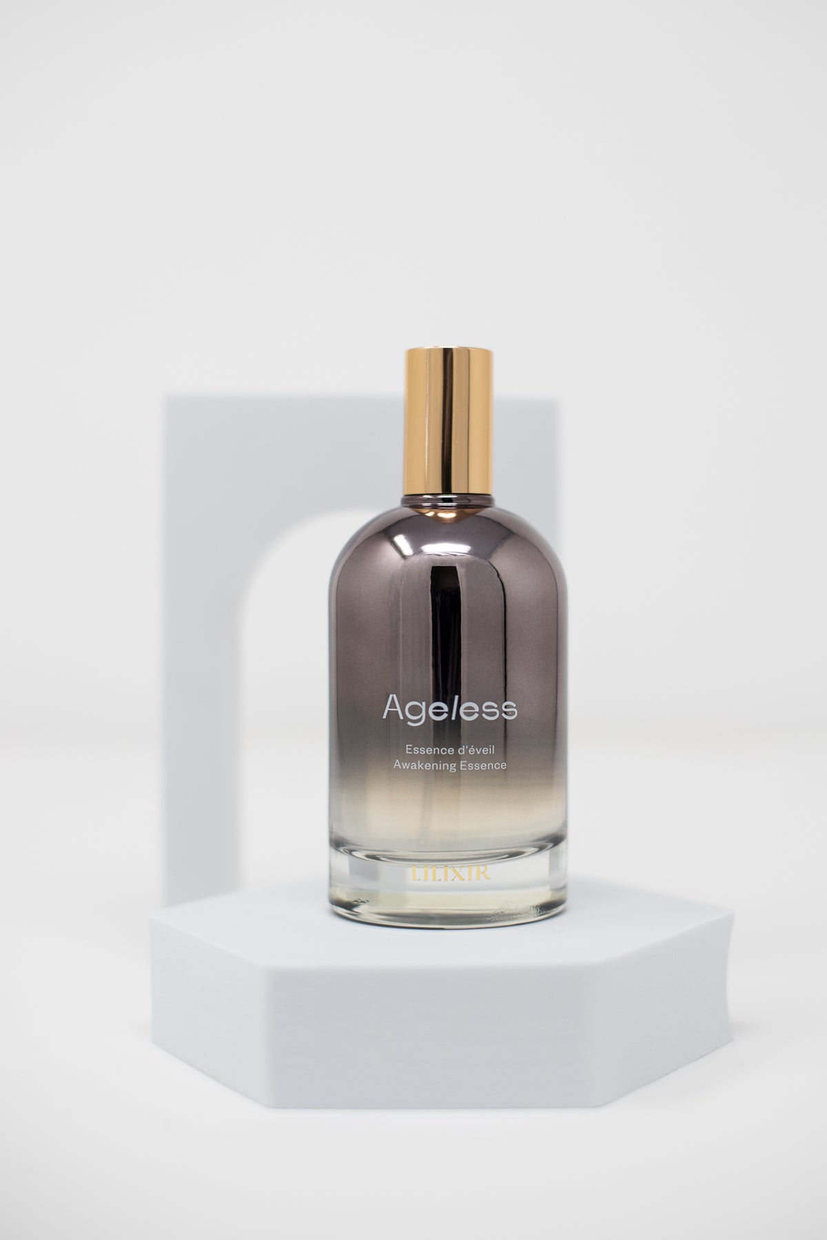 Lilixir Ageless Awakening essence bottle on a white background