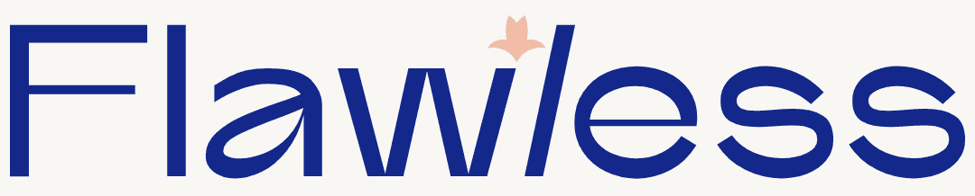 The word 'Flawless' is shown in a dark blue serif font on a light off-white background, with a small gold-colored lily flower perched on the letter 'w'.
