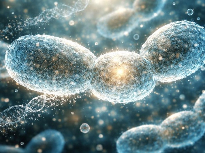 Image of three interconnected spherical structures with a glowing center on a dark background representing the molecule of bifida ferment lysate