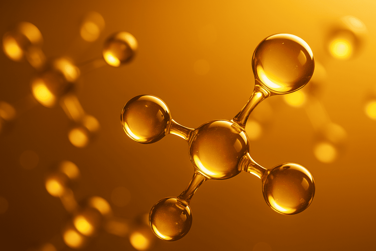 Molecular model of coezime q10 with a blurred golden background. Natural Ingredient used in lilixir skincare products.