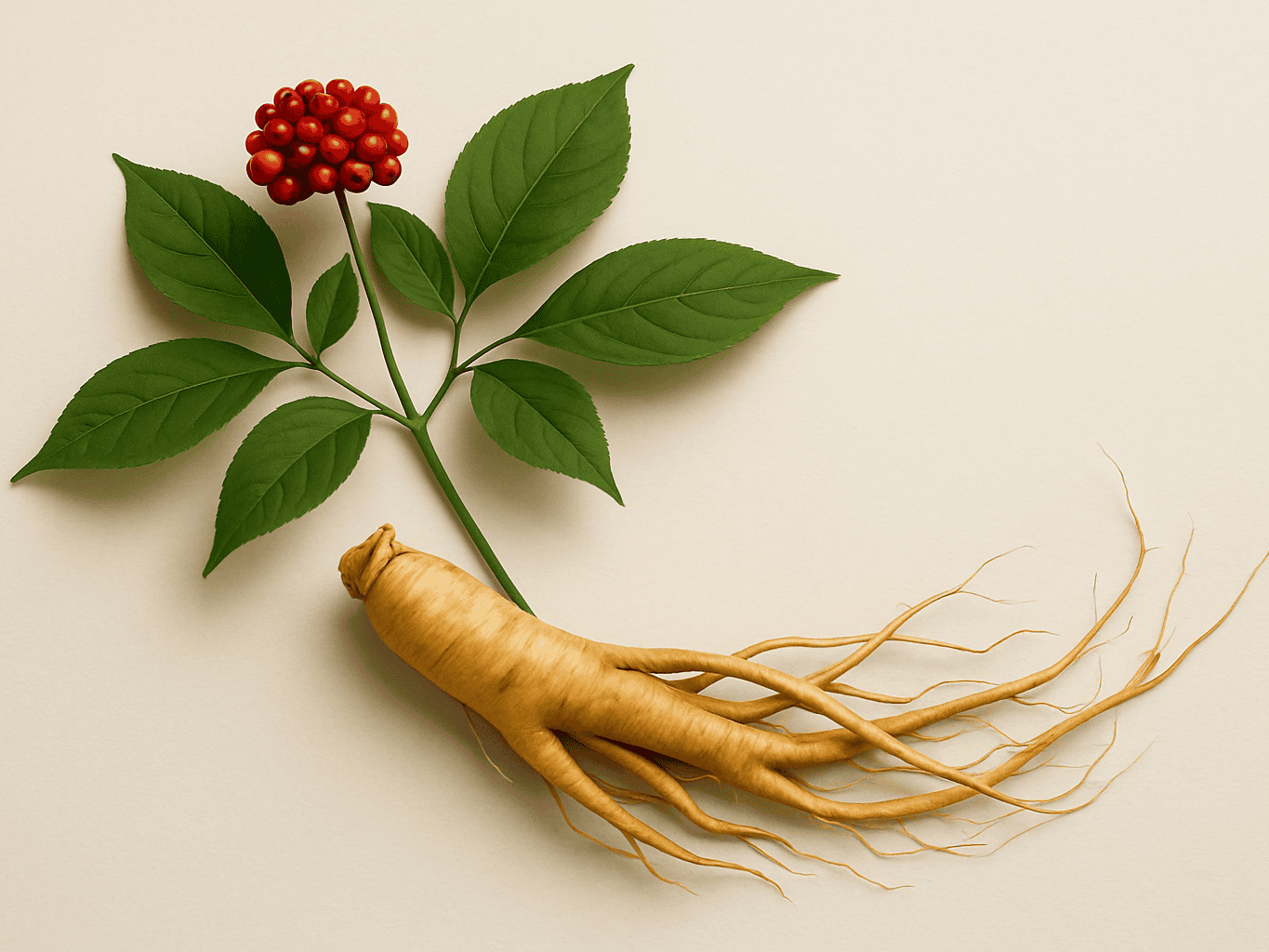 Ginseng root with green leaves and red berries on a beige background. Extract used in lilixir skincare products.