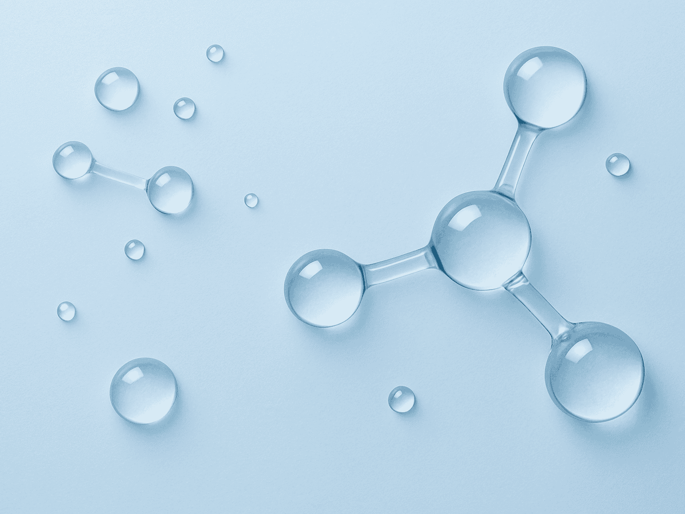 Molecular structure of hyaluronic acid with water droplets on a light blue background