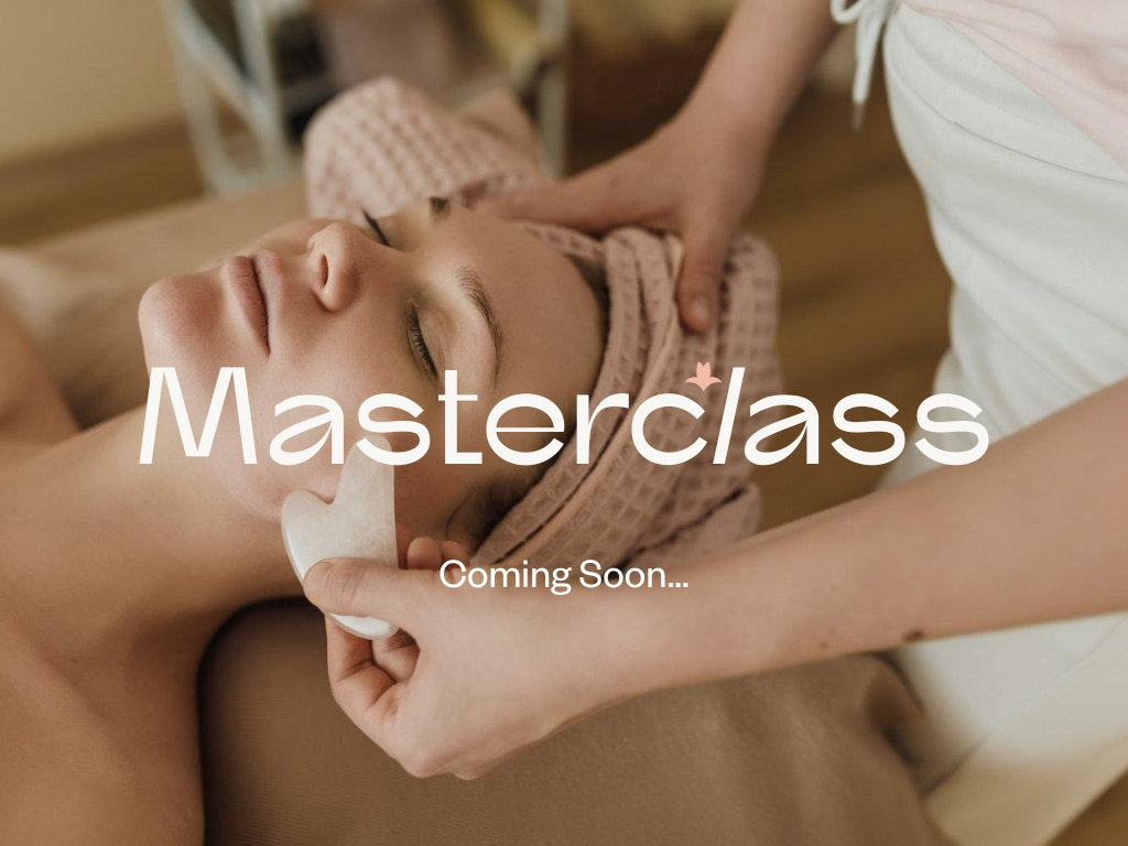 Person receiving a facial treatment with 'Masterclass' text overlay and Coming Soon text