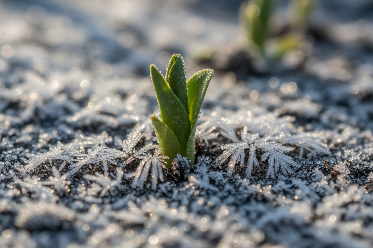 Young plant emerging from frost-covered ground