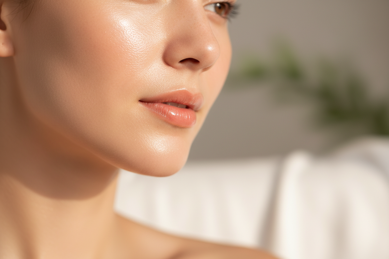 Close-up of a person's face with a blurred background