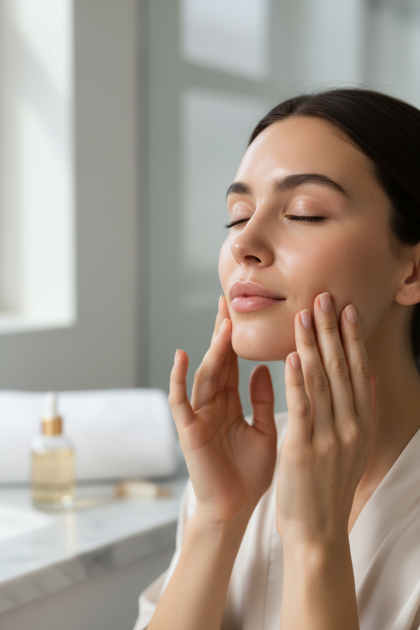 A woman with closed eyes gently touching her face in a bright, modern bathroom setting, wearing a light cream robe. A small gold-capped skincare bottle is visible on the marble counter in the background.