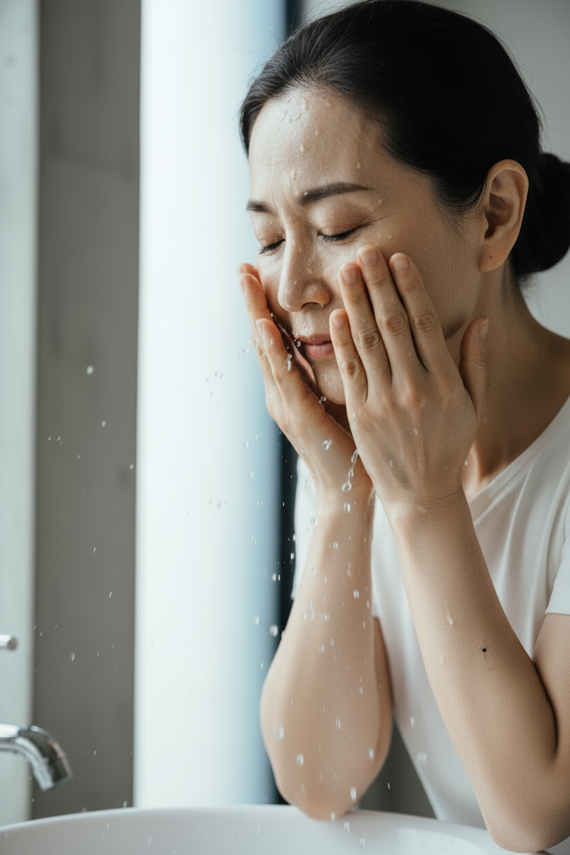 A woman washing her face with water splashing in front of her, wearing a white t-shirt in a bright bathroom setting.
