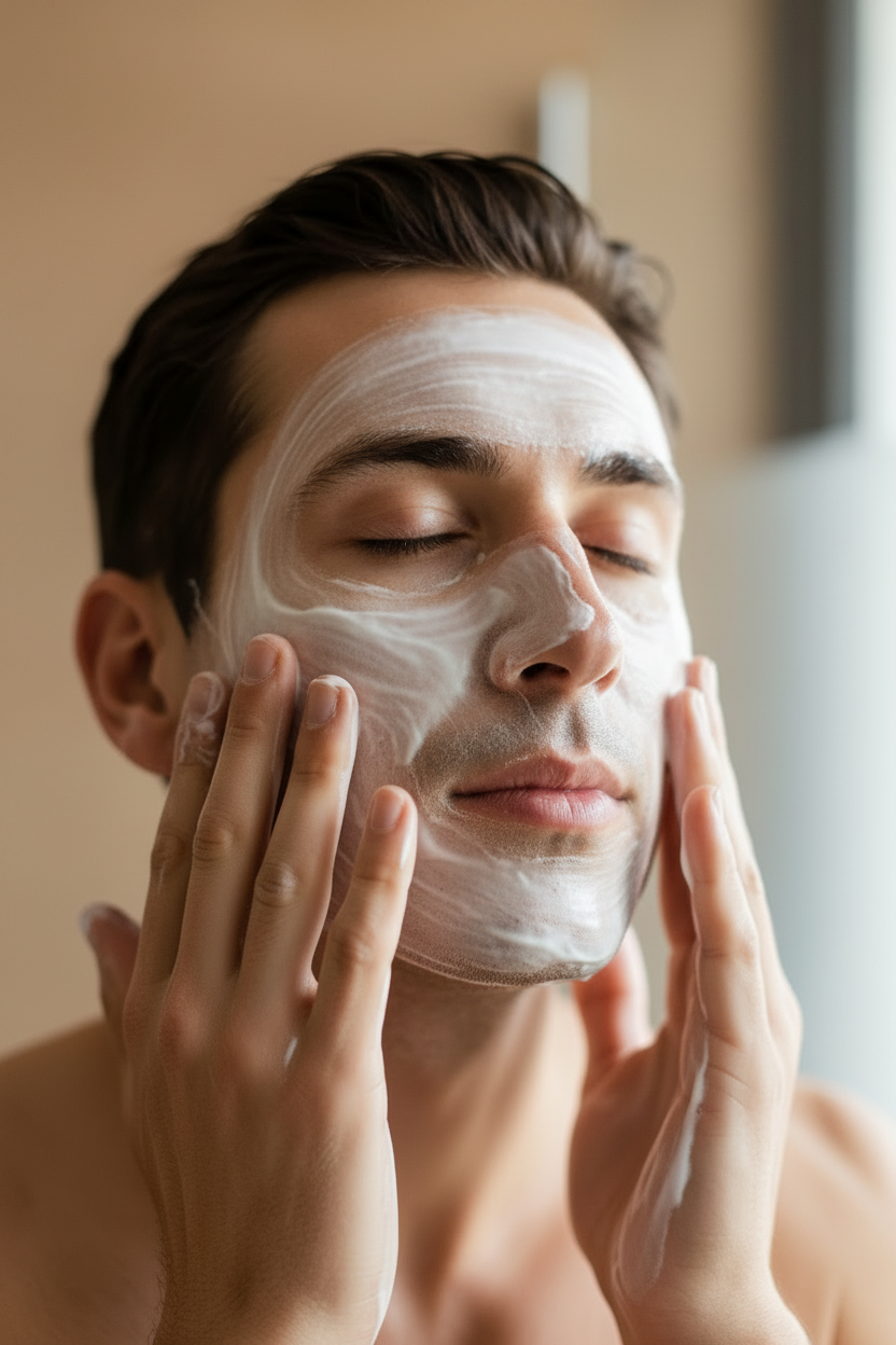 A close-up of a man with a white face mask applied, gently smoothing it with both hands in a softly lit indoor setting.